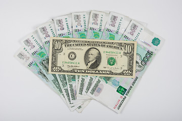 Image showing For a fan of banknotes one thousandth of Russian rubles bill is ten dollars usa