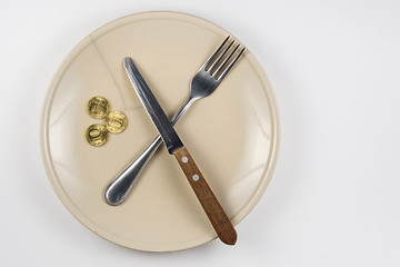 Image showing An empty cracked plate with knife and fork, it is based on three ten-coin