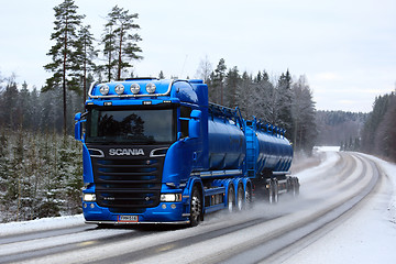 Image showing Blue Scania Tank Truck on Winter Road