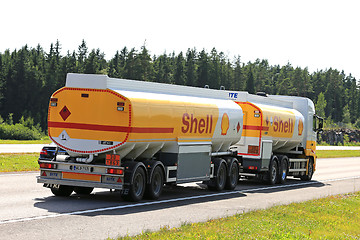 Image showing Shell Fuel Truck Hauls Aviation Fuel Along Freeway