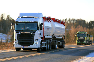 Image showing New Scania Trucks Transport Load on Winter Afternoon