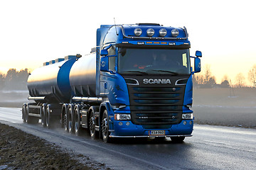 Image showing Blue Scania R580 Tank Truck Transport at Sunset