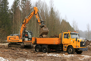 Image showing Loading Soil onto Sisu Truck with Liebherr R918 Crawler Excavato