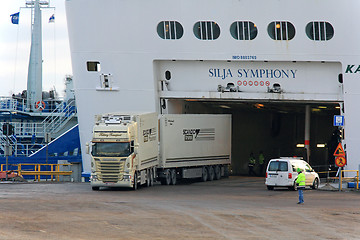 Image showing Cargo Truck Exits Ferry at Sea Port