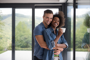 Image showing romantic happy young couple relax at modern home indoors