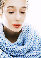 Image showing beauty young blond woman in scarf with weathered lips close up isolated