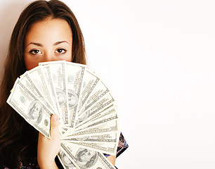 Image showing portrait of pretty young woman with money, isolated on white background