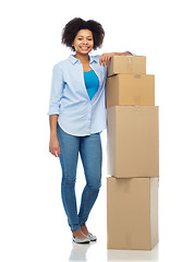 Image showing happy afro american woman with parcel boxes