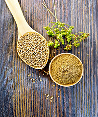 Image showing Coriander in bowl and spoon on board top