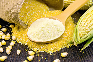 Image showing Flour corn in spoon with grains on board