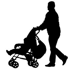 Image showing Black silhouettes father with pram on white background. illustration