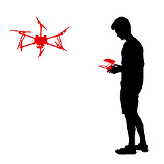 Image showing Black silhouette of a man operates unmanned quadcopter illustration