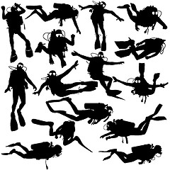 Image showing Set black silhouette scuba divers. illustration