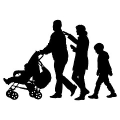 Image showing Black silhouettes Family with pram on white background. illustration