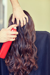 Image showing stylist with hair spray making hairdo at salon