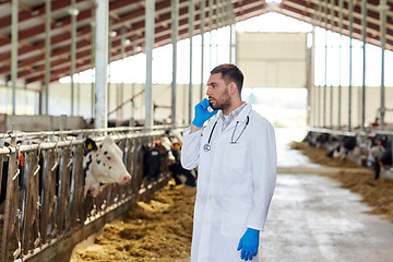 Image showing vet doctor calling on cellphone and cows at farm