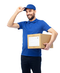 Image showing happy delivery man with parcel box