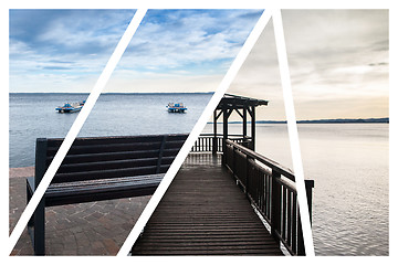 Image showing The wooden gazebo on Lake Garda. Collage