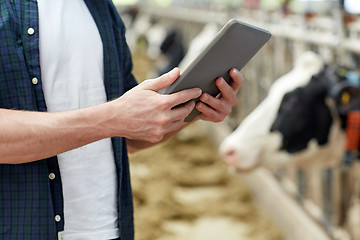 Image showing man with tablet pc and cows on dairy farm