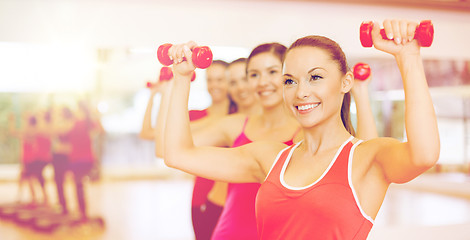 Image showing group of smiling people working out with dumbbells