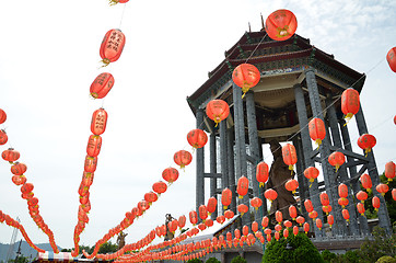 Image showing Guanyin and a red lanterns in Chinese Temple Penang, Malaysia