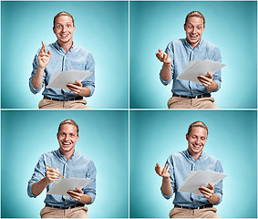 Image showing Smart smiling student with great idea holding sheets of paper