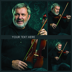 Image showing Senior musician playing a violin with wand on black background