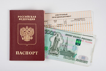 Image showing Passport, money and a train ticket, top view, white background