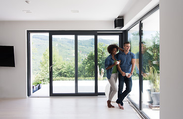 Image showing romantic happy young couple relax at modern home indoors