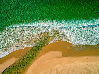 Image showing Aerial View Amazing Seascape with Small Waves on Sandy Beach