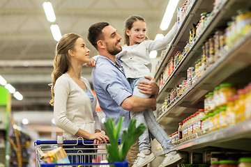 Image showing family with food in shopping cart at grocery store
