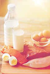 Image showing close up of natural protein food on wooden table