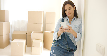 Image showing Young woman doing renovations checking messages