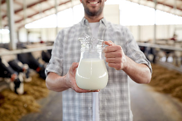 Image showing man or farmer with cows milk on dairy farm