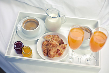 Image showing close up of breakfast on tray in bed