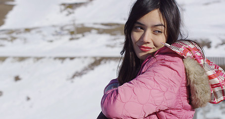 Image showing Beautiful woman in snowy mountains