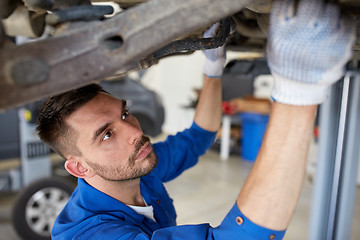 Image showing mechanic man or smith repairing car at workshop