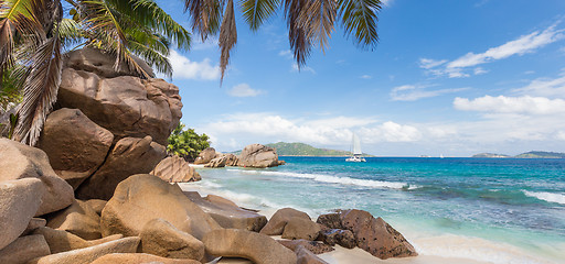 Image showing Anse Patates, picture perfect beach on La Digue Island, Seychelles.