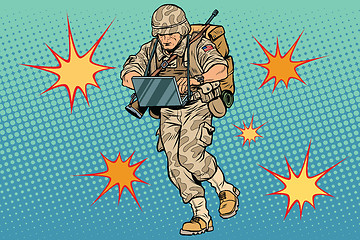 Image showing Cyber soldier with a computer