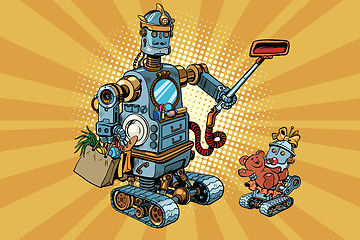 Image showing Family retro robots dad and baby