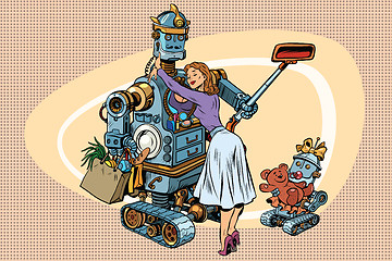 Image showing Vintage retro family, dad robot wife and child