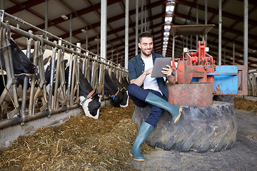 Image showing young man with tablet pc and cows on dairy farm