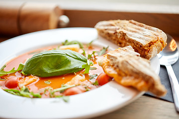 Image showing plate of delicious gazpacho soup at restaurant