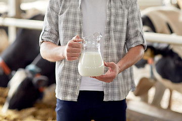 Image showing close up of man or farmer with milk on dairy farm