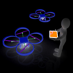 Image showing 3d white people. Man flying a white drone with camera. 3D render