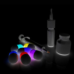 Image showing Syringe, tablet, pill jar. 3D illustration