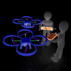 Image showing 3d white people. Man flying a white drone with camera. 3D render