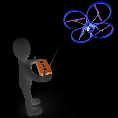 Image showing 3d man with drone, quadrocopter, with photo camera. 3d render. 3