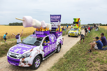 Image showing Haribo Caravan on a Cobblestone Road- Tour de France 2015