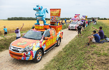 Image showing Haribo Caravan on a Cobblestone Road- Tour de France 2015